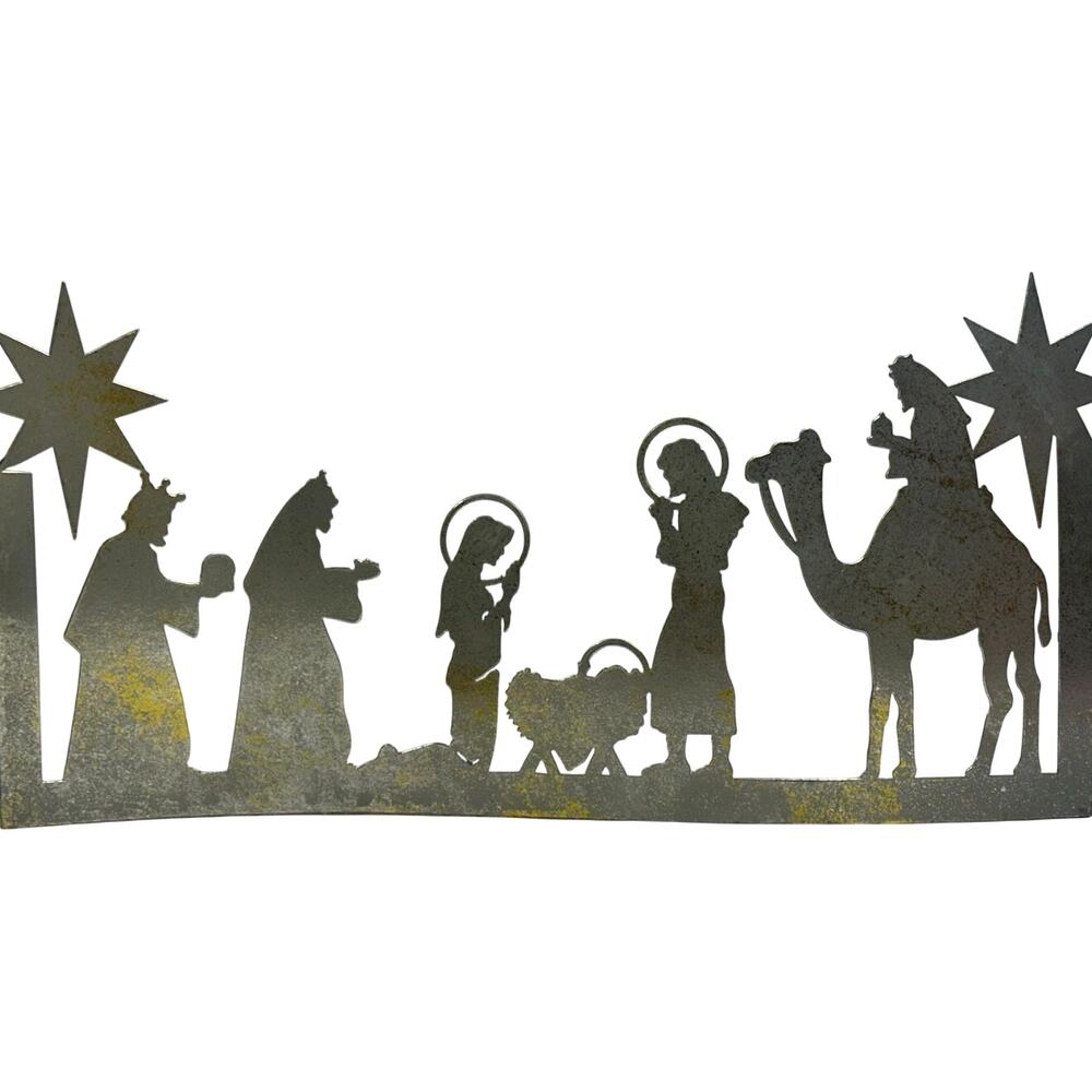 Curved Metal 22.5" Grey/Gold Flecks Die-Cut Christmas Nativity Scene